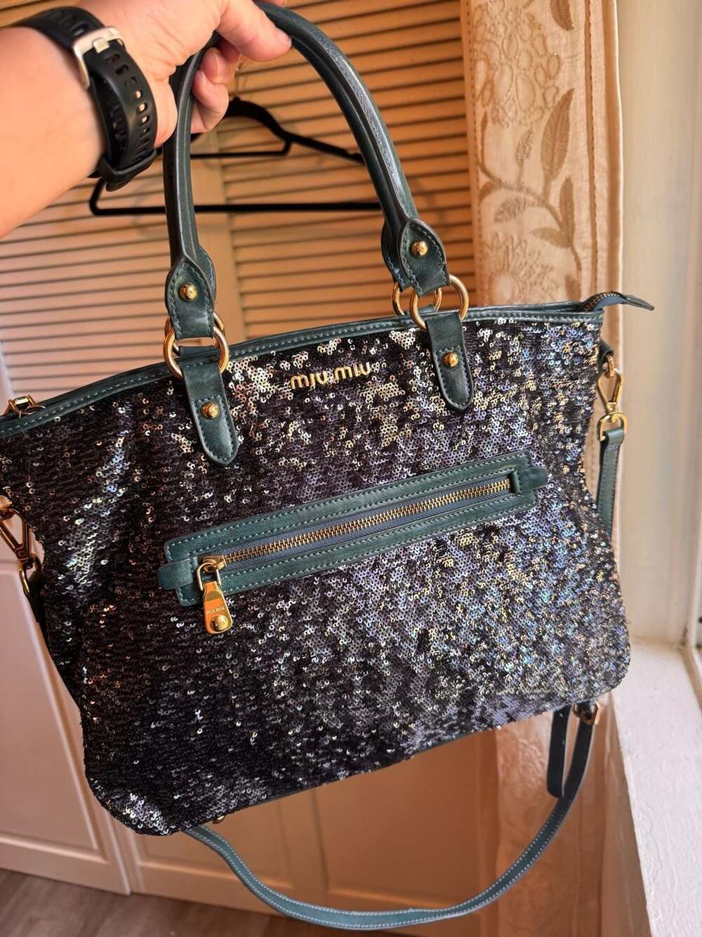 Miu Miu Blue and Silver Sequin Leather 2-Way Tote Bag